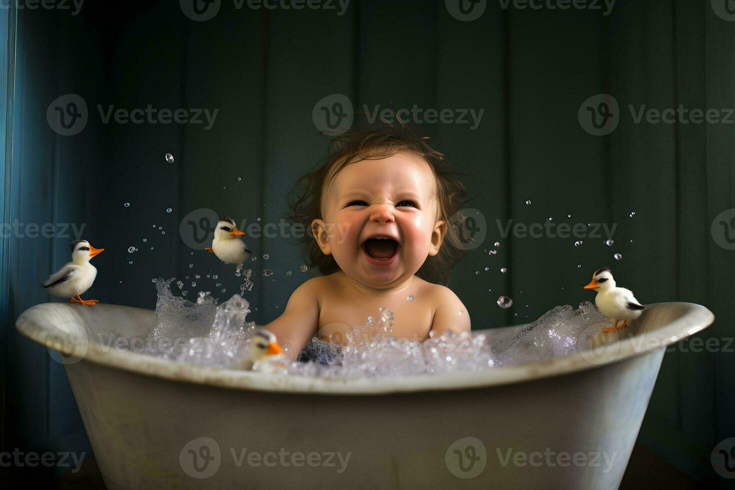 ein süß Baby genießen Bad Zeit mit Gummi Enten. ai generiert foto