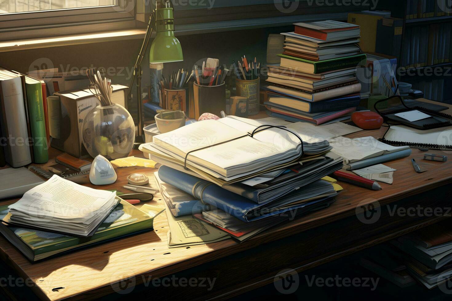 ein überladen hölzern Schreibtisch gefüllt mit Stapel von Bücher. ai generiert foto