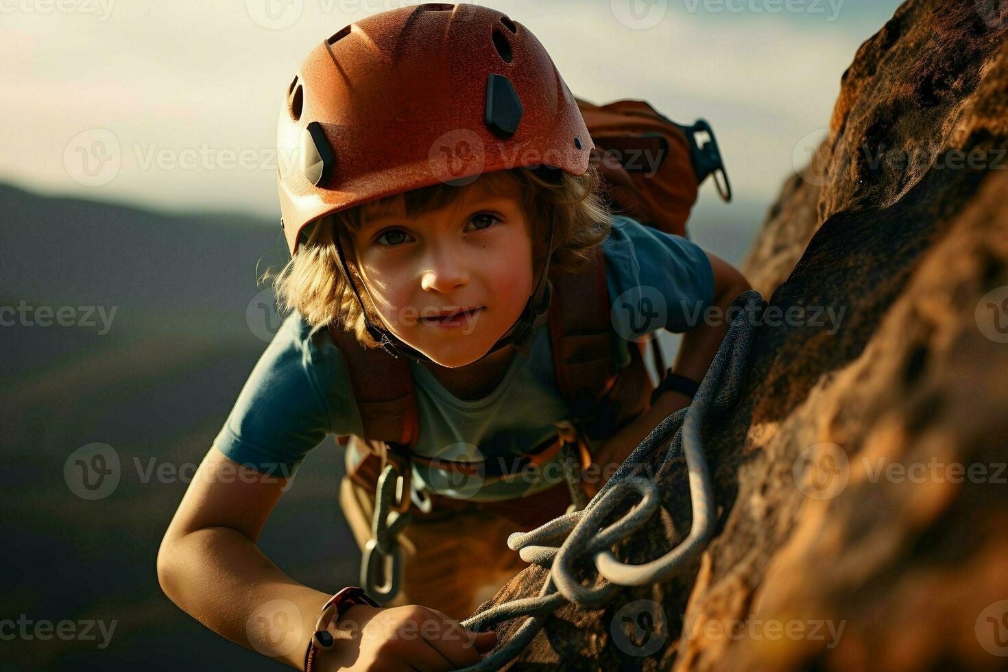 ein jung Junge Wandern oben ein Berg mit ein schützend Helm. ai generiert foto