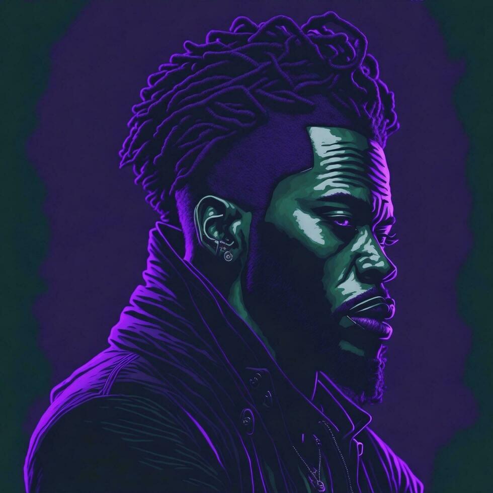 schwarz Rapper Illustration mit Duotone Stil, lila und Grün Farbe, ai generativ foto