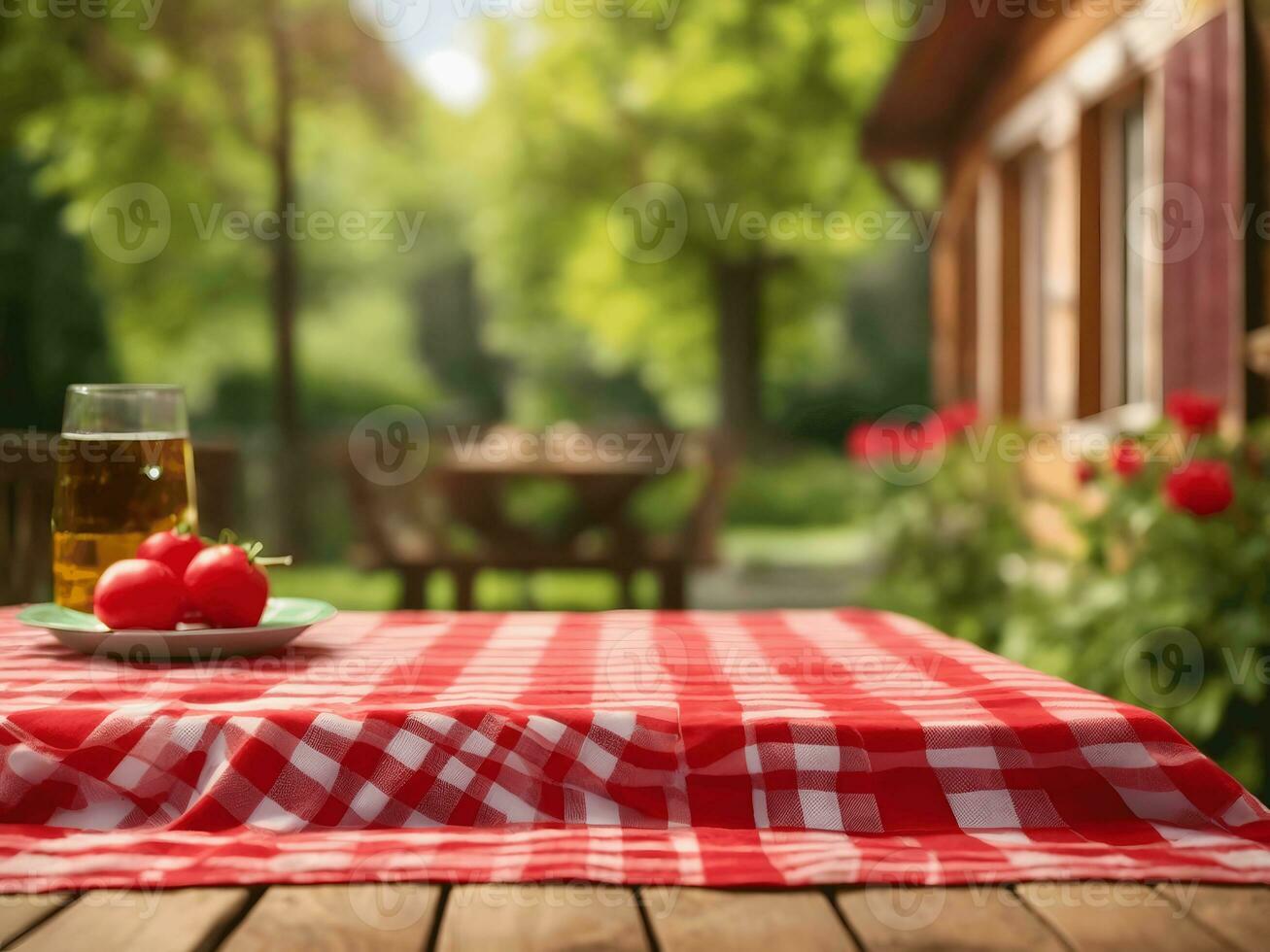 rot überprüft Tischdecke auf hölzern Hintergrund ai generiert foto