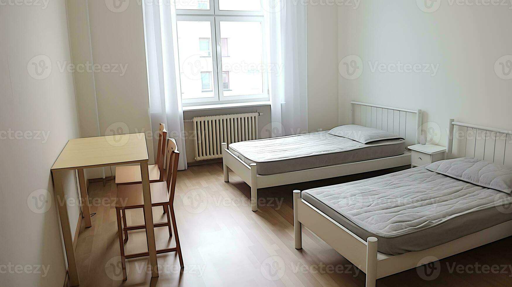 einfach und hell Zimmer zum zwei Studenten im ein Schüler Schlafsaal. ai generativ foto