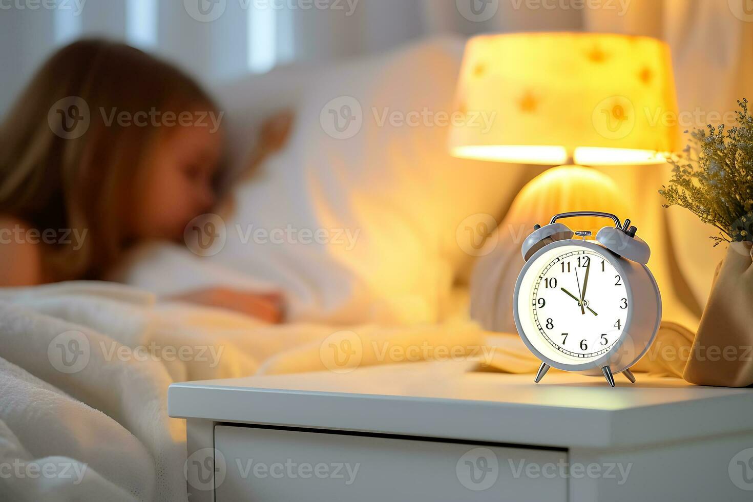 das Kind Lügen im Bett, Nächster zu das Nachttisch Dort ist ein Uhr und zeigt an spät Zeit. das Konzept von Kinder- Schlaf Zeitplan. ai generativ foto