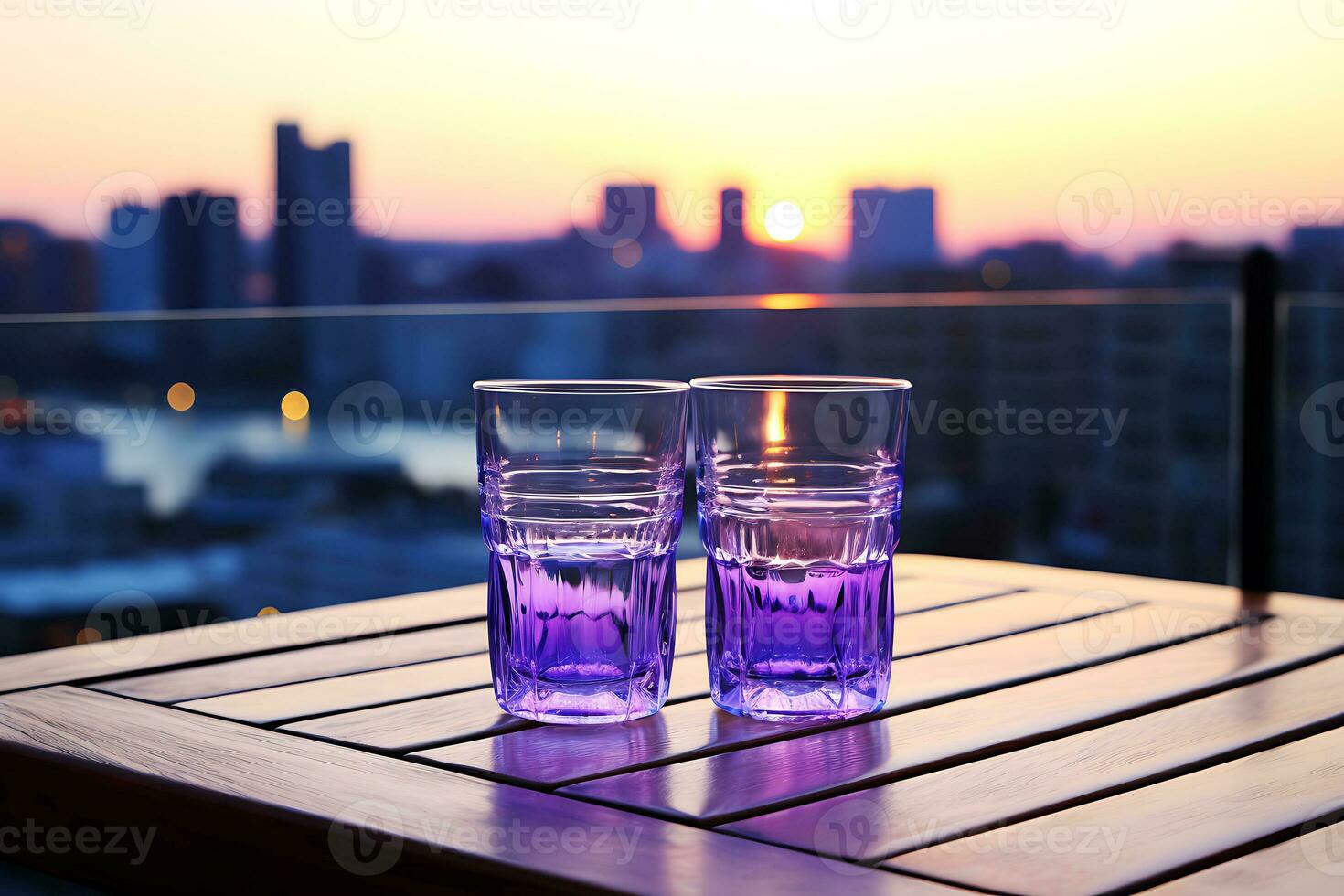 ai generativ. lila Brille gegen das Hintergrund von das Stadt beim Sonnenuntergang. ein Datum zum zwei. horizontal Foto