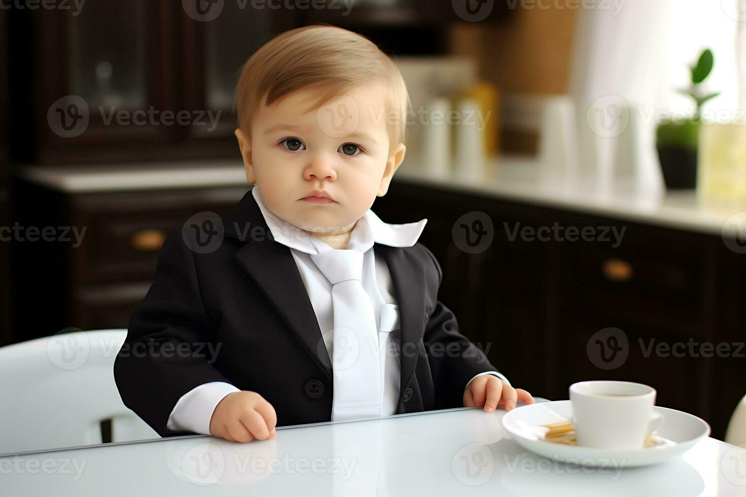 ein süß blond Kind im ein Geschäft passen ist Sitzung beim das Tabelle auf das Küche. ai generativ foto