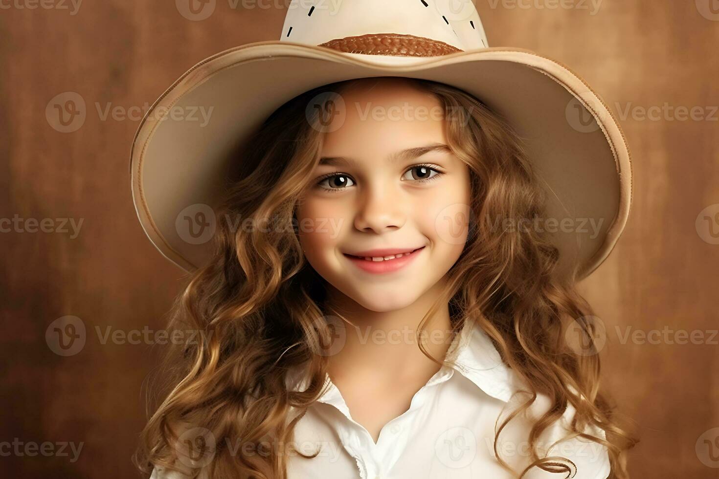 ai generativ. Cowgirl Kind im ein Weiß Cowboy Hut posieren auf ein braun Hintergrund, lächelnd und suchen beim das Kamera. horizontal Foto