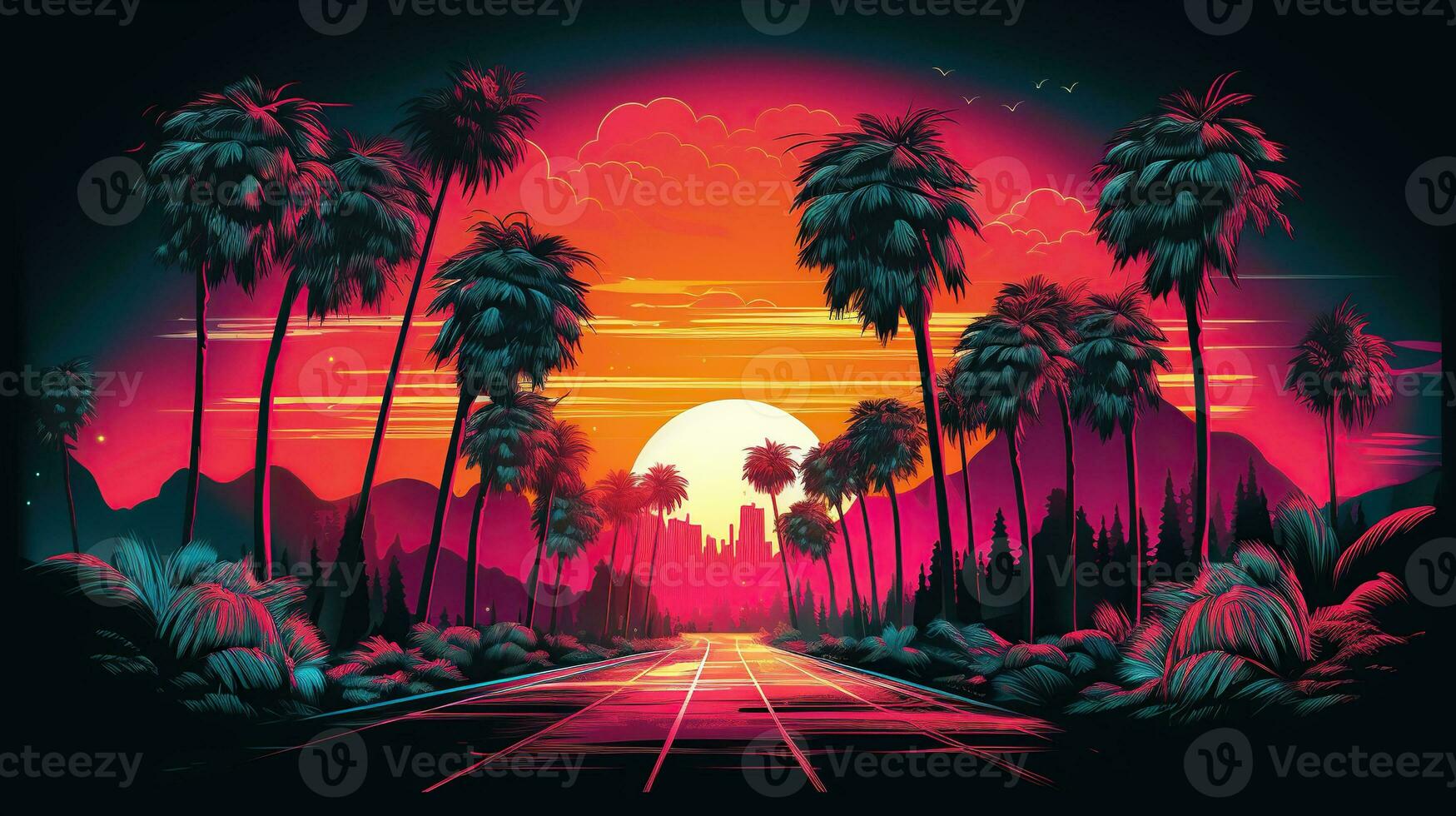 Postkarte von Kalifornien, Palmen und Gebäude beim Sonnenuntergang. Neon- Stil foto