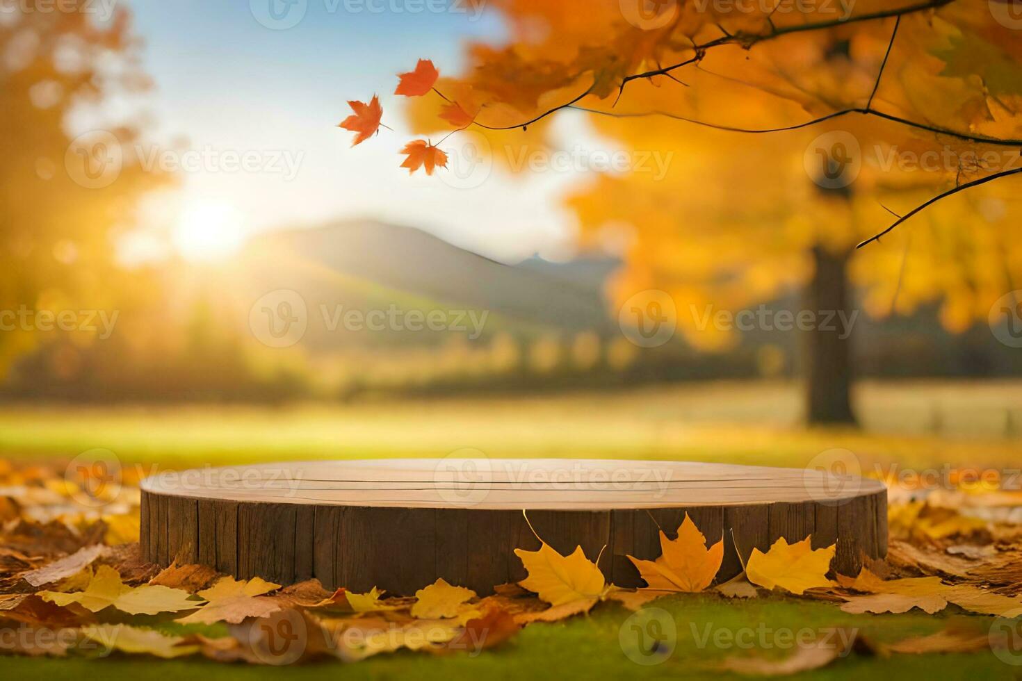 ein leeren rustikal hölzern Podium im das Mitte von Herbst Natur Landschaft vorgefertigt Foto Attrappe, Lehrmodell, Simulation Hintergrund