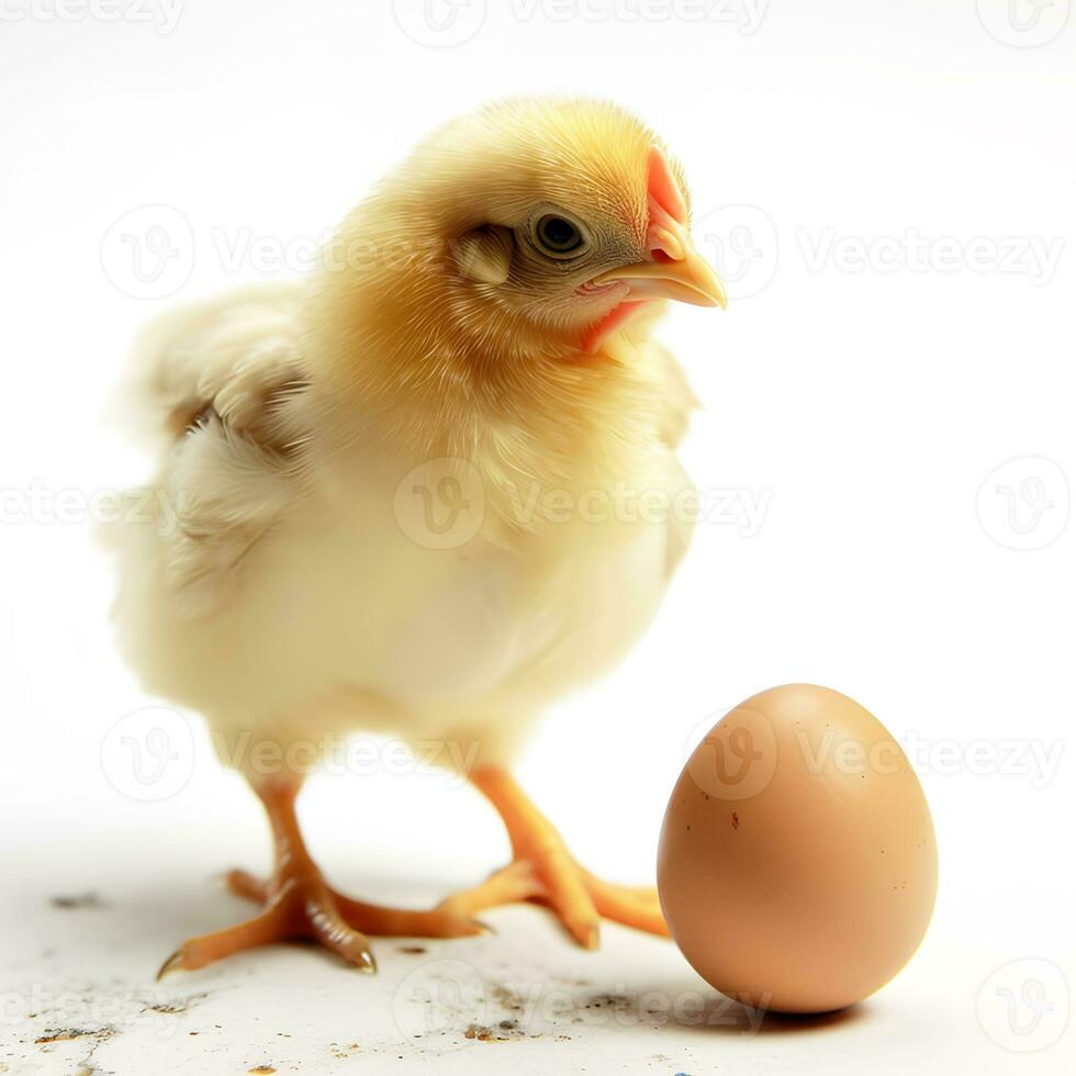 Küken und Ei auf Weiß Hintergrund. erstellt mit generativ ai foto