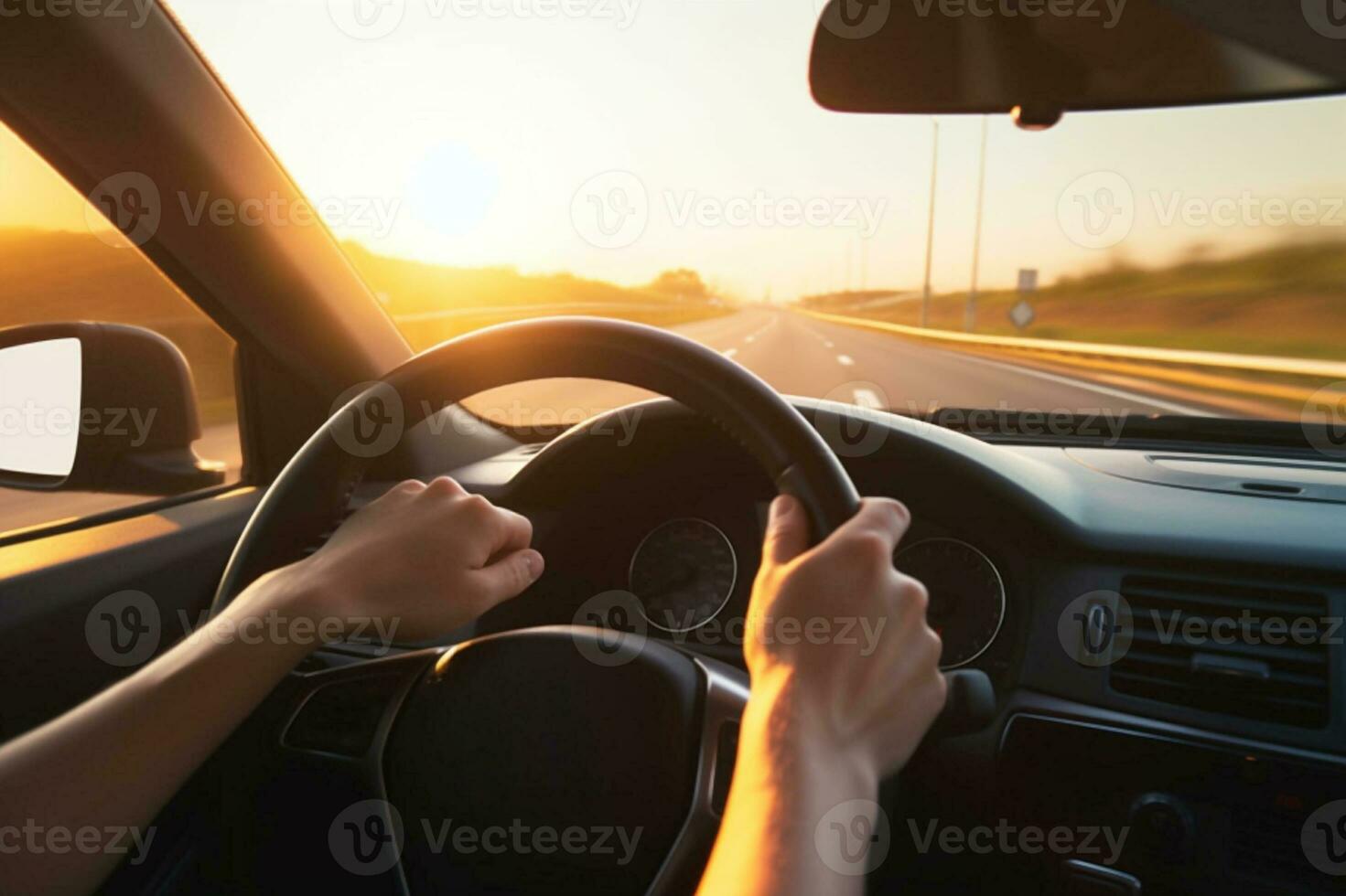 Hände von ein Auto Treiber auf das Lenkung Rad während ein Straße Reise. generativ ai foto