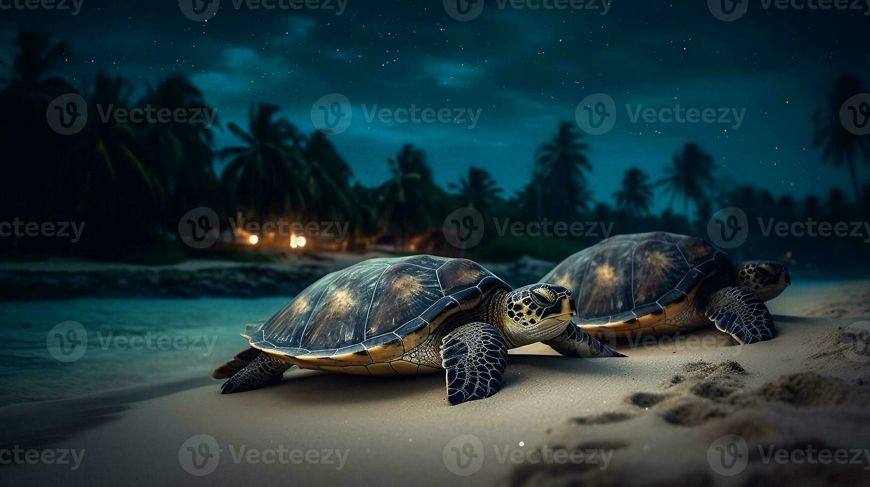 Nachtzeit gehen mit Meer Schildkröte und Kokosnuss Baum auf das Strand. erstellt mit generativ ai foto