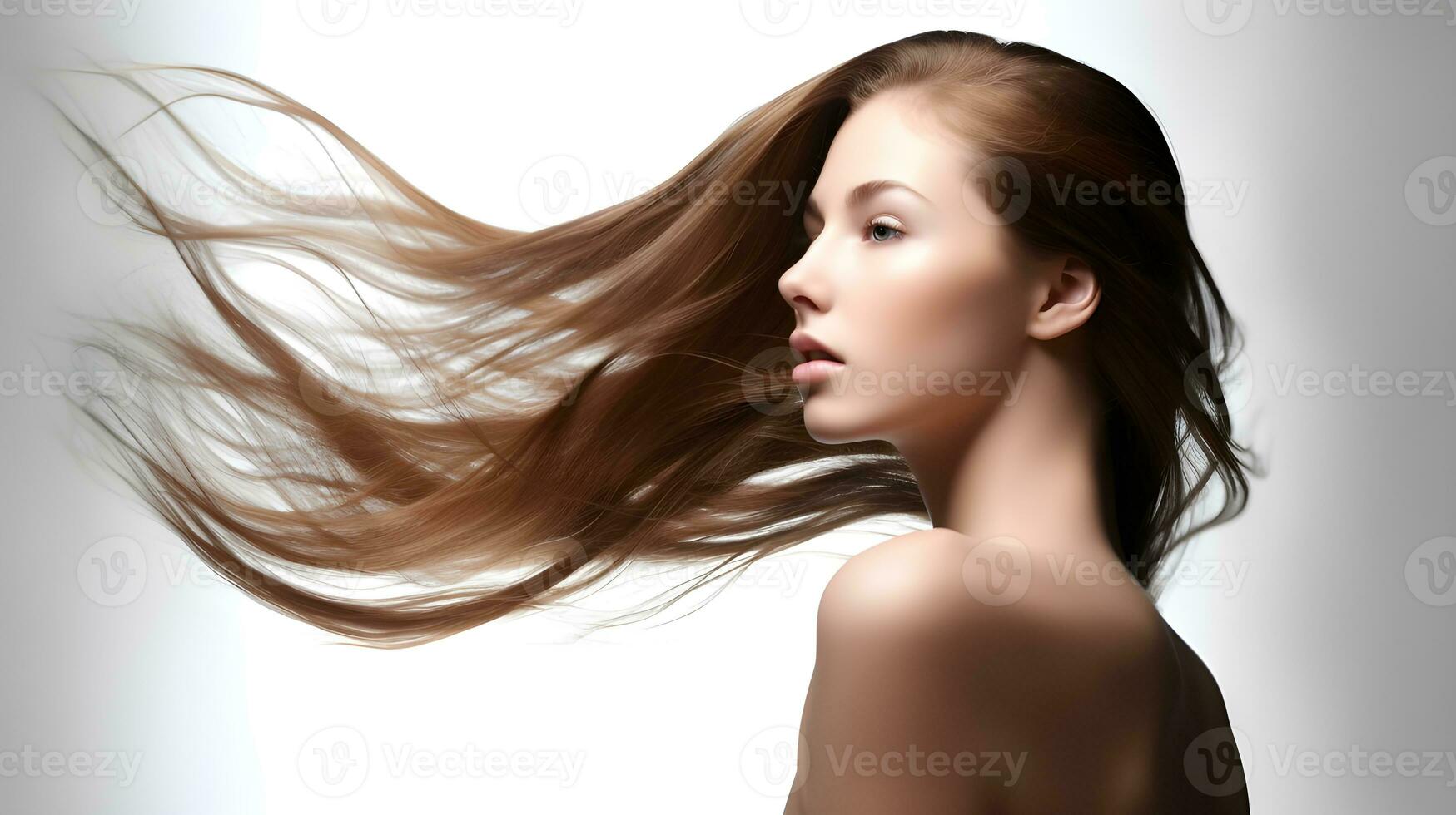dynamisch Haar Porträt von ein jung Frau Modell- posieren mit schwingen Kopf Bewegung. erstellt mit generativ ai foto