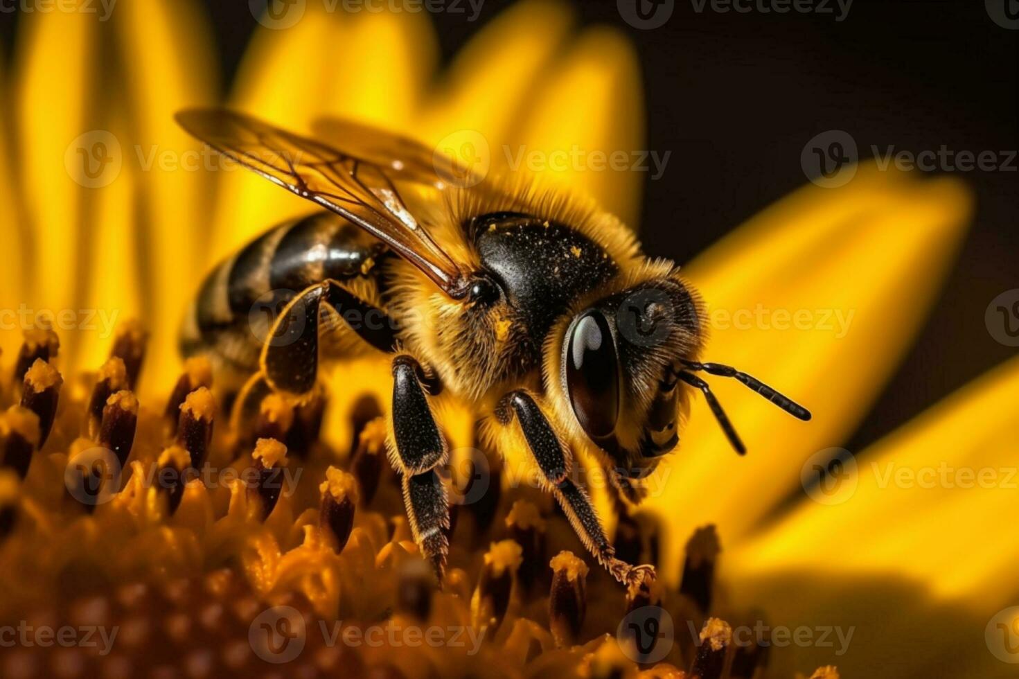 ein beschäftigt Biene sammelt Nektar von ein beschwingt Sonnenblume auf ein sonnig Tag, präsentieren das wild und faszinierend Leben von Insekten. generativ ai foto