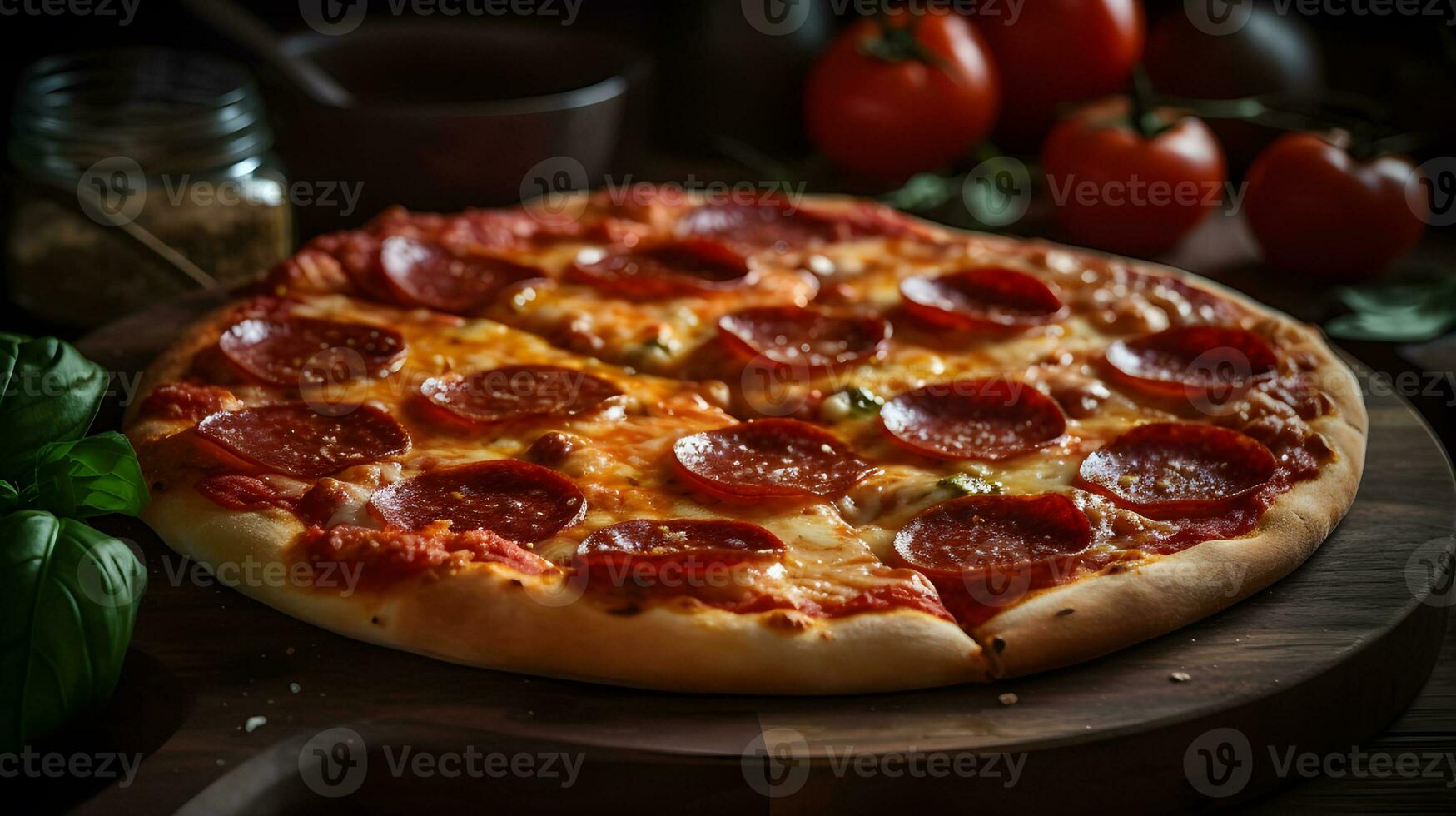 Peperoni Pizza auf hölzern Tablett ein klassisch und duftend Freude. generativ ai foto