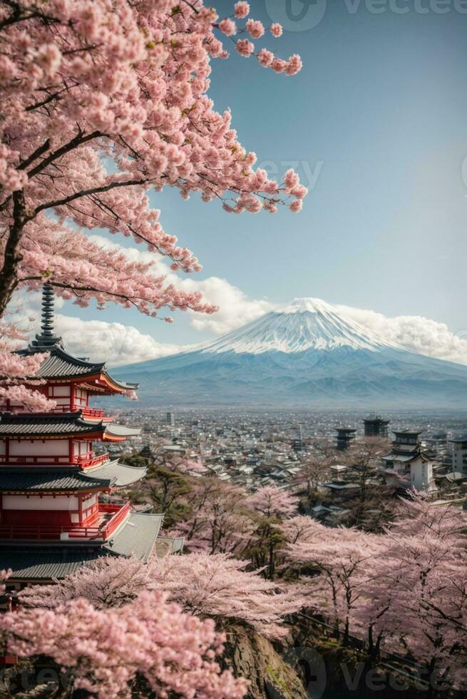 mt Fuji und Kirsche blühen beim kawaguchiko See im Japan, ai generativ foto