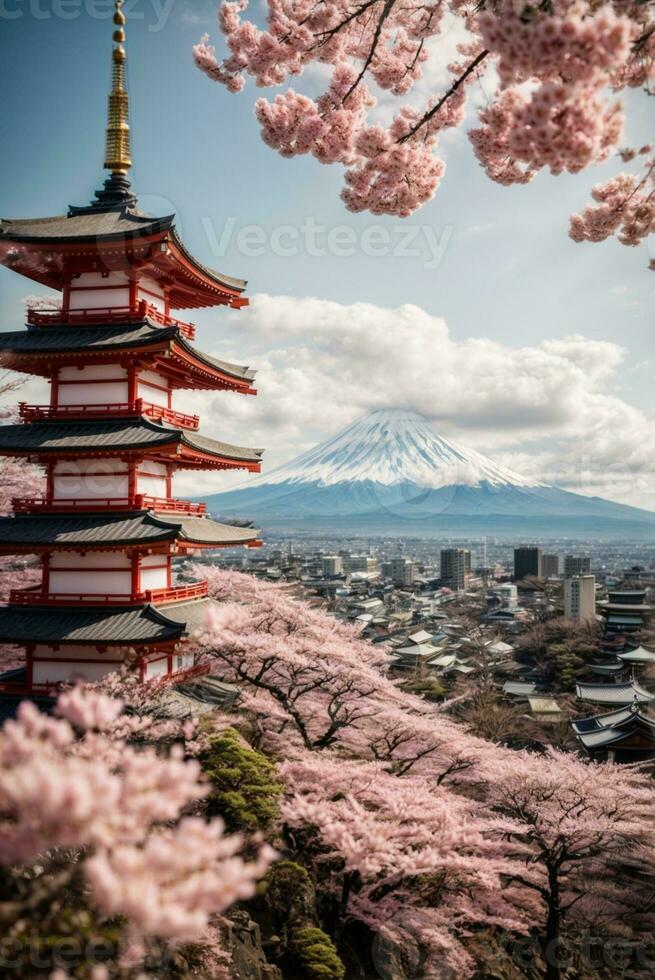 mt Fuji und Kirsche blühen beim kawaguchiko See im Japan, ai generativ foto