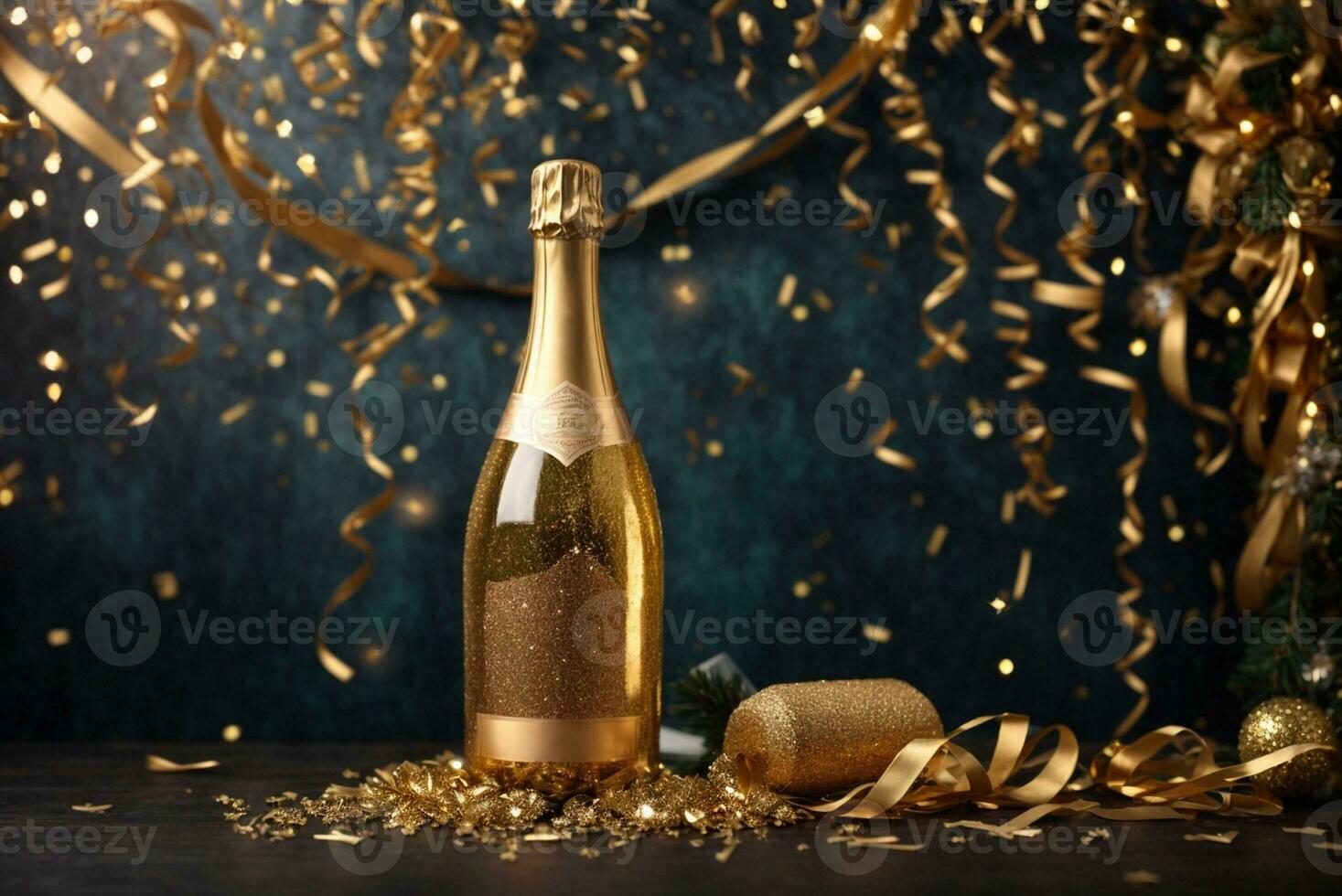 Flasche von Champagner mit golden Konfetti auf Bokeh Hintergrund, ai generativ foto