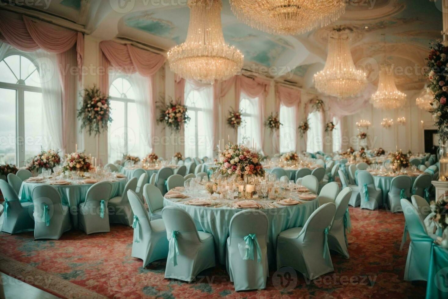 Hochzeit Bankett Tabelle dekoriert mit Blumen und Tischdecke, ai generativ foto