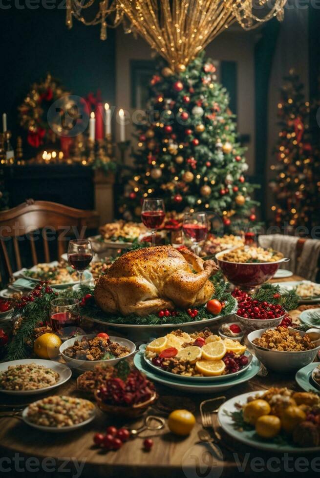 Weihnachten geröstet Truthahn mit Preiselbeeren und Orangen auf rustikal hölzern Tisch, ai generativ foto