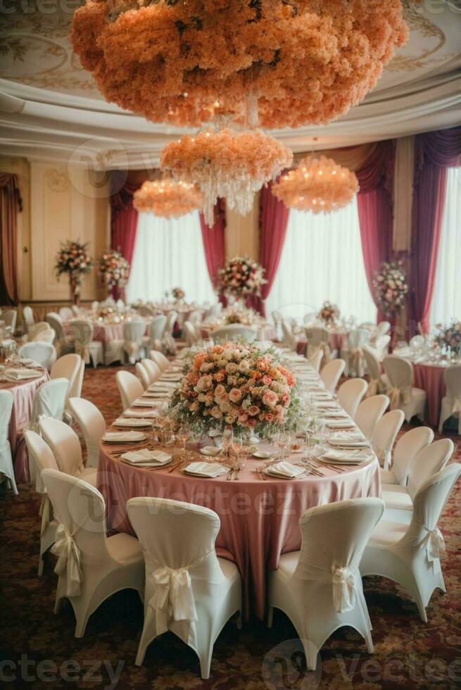 Hochzeit Bankett Tabelle dekoriert mit Blumen und Tischdecke, ai generativ foto