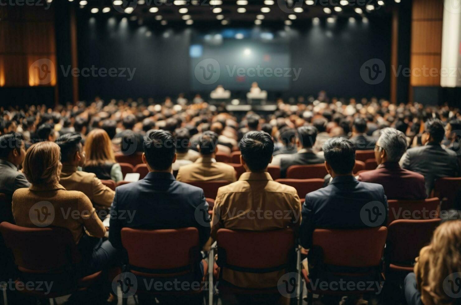 Geschäft und Unternehmerschaft Symposium. Lautsprecher geben ein sich unterhalten beim Geschäft treffen. Publikum im Konferenz Saal, ai generativ foto