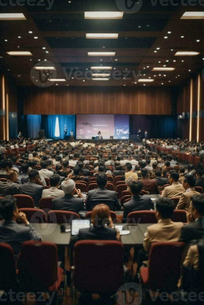 Geschäft und Unternehmerschaft Symposium. Lautsprecher geben ein sich unterhalten beim Geschäft treffen. Publikum im Konferenz hall.ai generativ foto