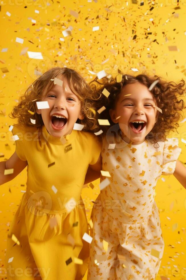 glücklich Mädchen mit Konfetti auf Gelb Hintergrund. ai generativ foto