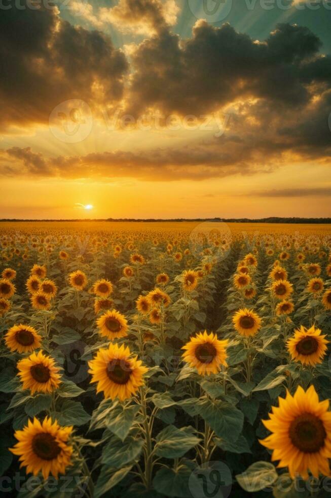 Sonnenuntergang Über Sonnenblume Feld. schön Sommer- Landschaft mit Sonnenblumen. ai generativ foto