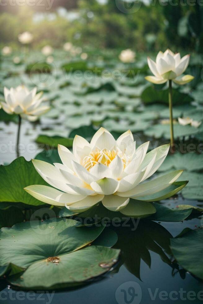 schön Weiß Lotus Blume Blühen im das Teich mit Sonnenlicht. ai generativ foto