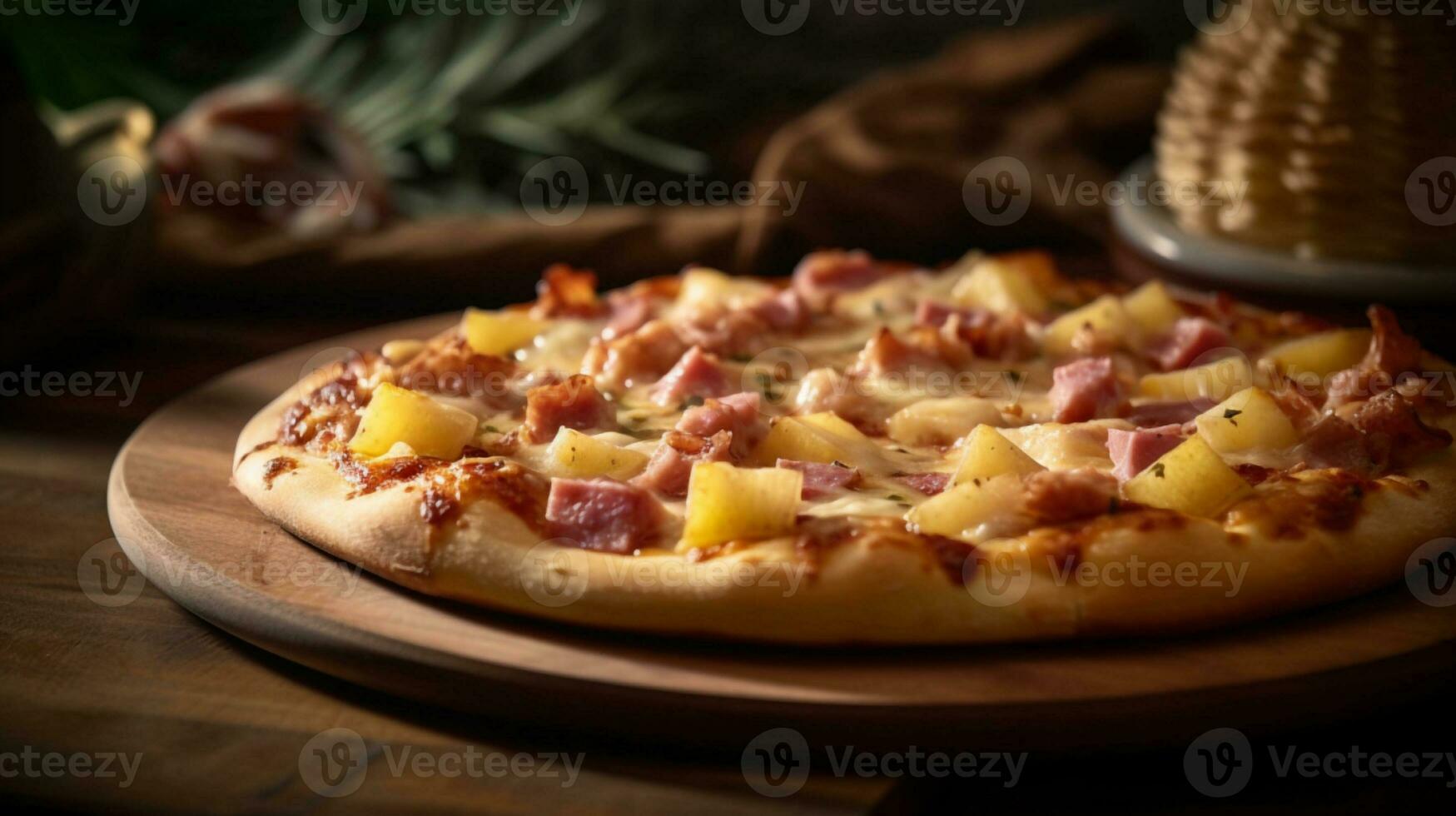 köstlich hawaiisch Pizza mit Schinken und Ananas Belag auf Tomate Soße und Käse Base. generativ ai foto