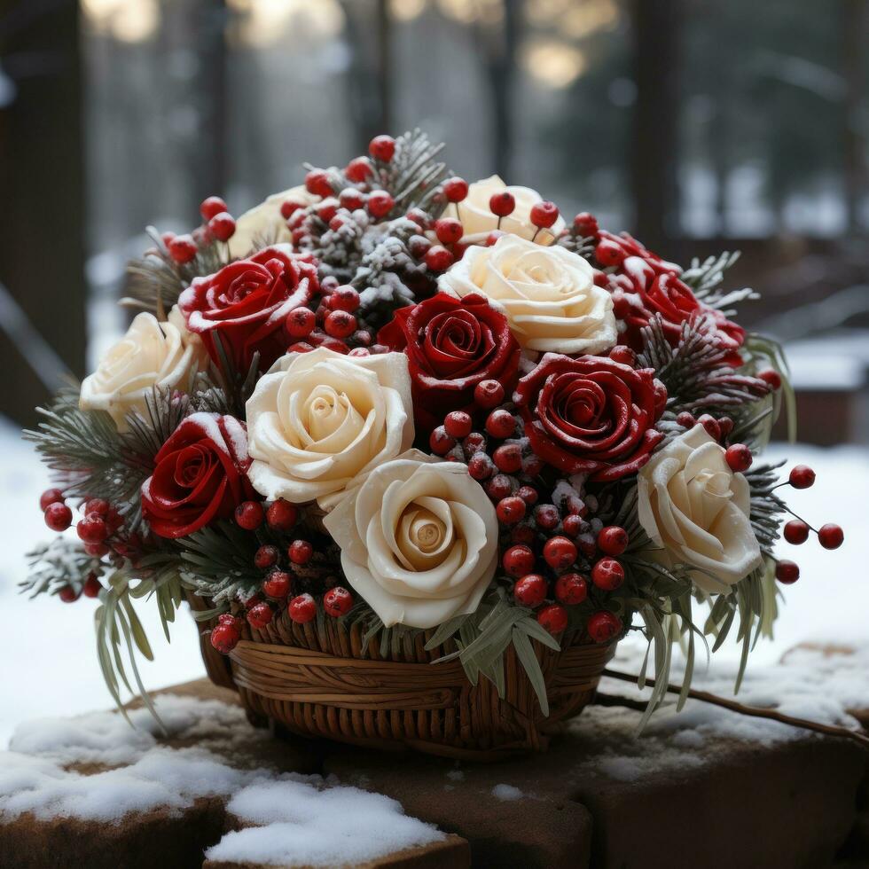 schneebedeckt rot Rosen und Beeren im ein rustikal hölzern Korb foto