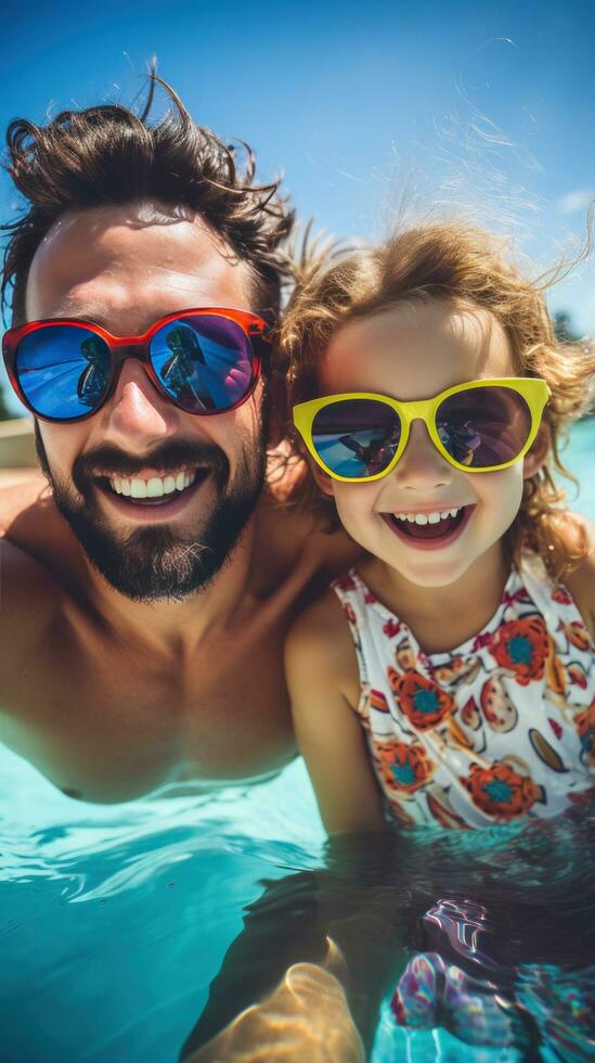 glücklich Familie haben Spaß im das Schwimmbad auf ein sonnig Tag foto