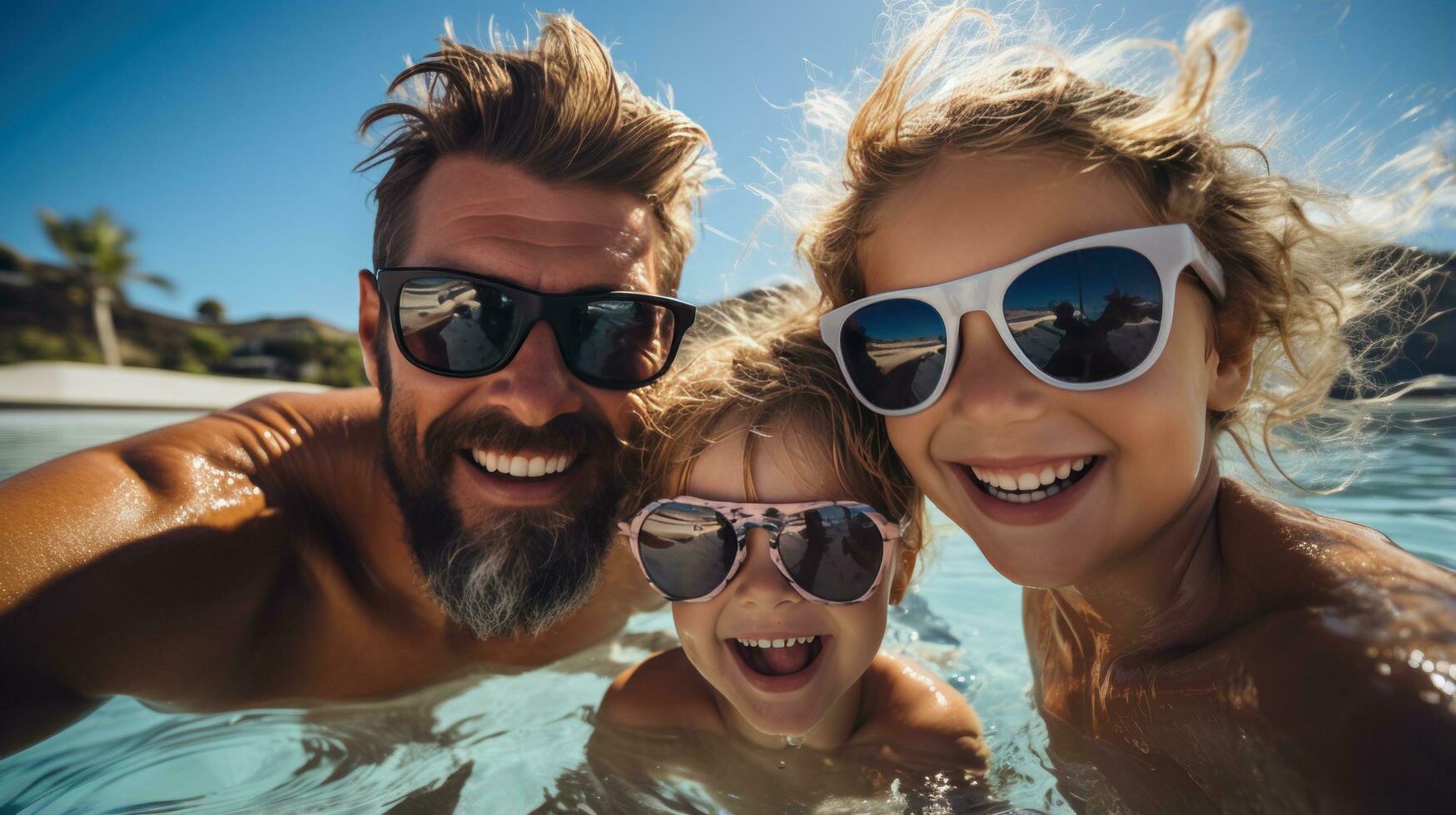 glücklich Familie haben Spaß im das Schwimmbad auf ein sonnig Tag foto