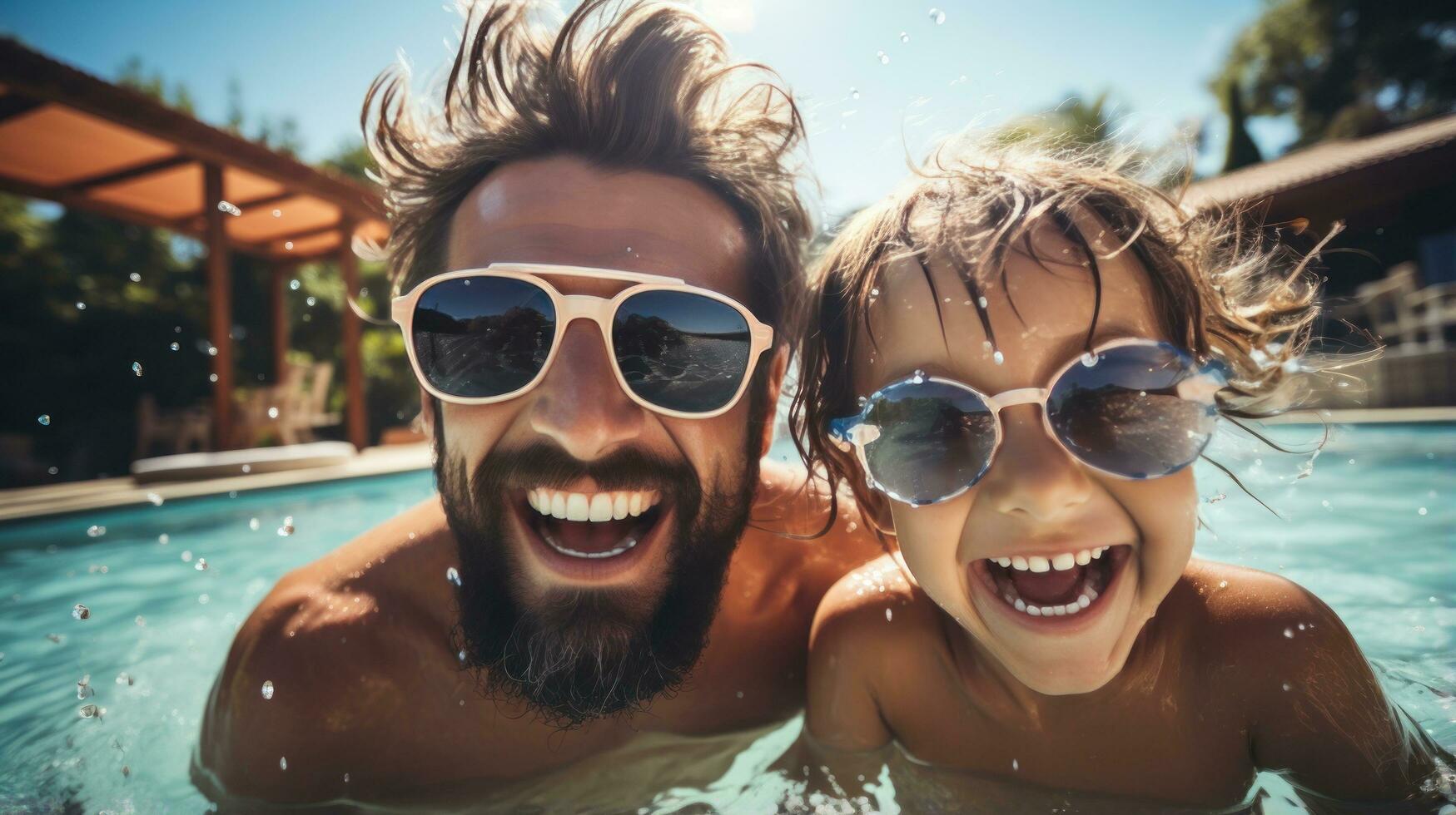 glücklich Familie haben Spaß im das Schwimmbad auf ein sonnig Tag foto