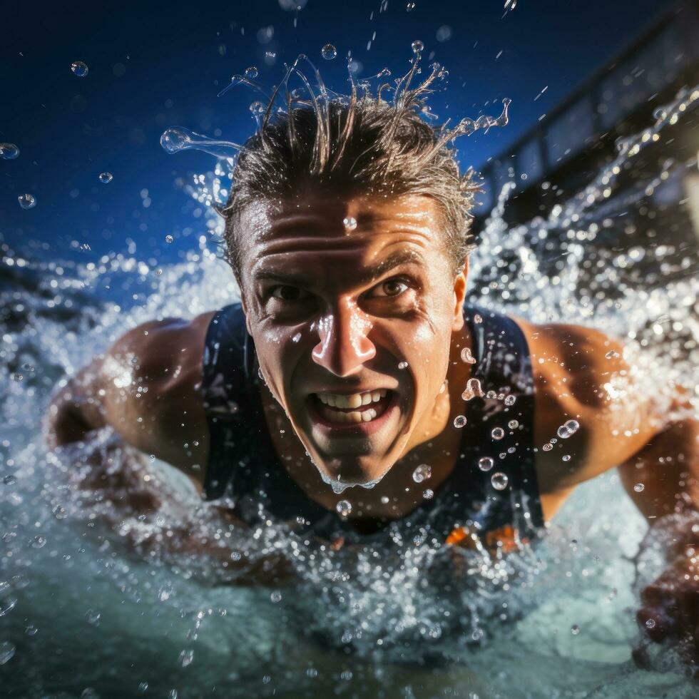 energisch Schuss von ein Schwimmer Rennen durch das Wasser mögen ein torpediert foto