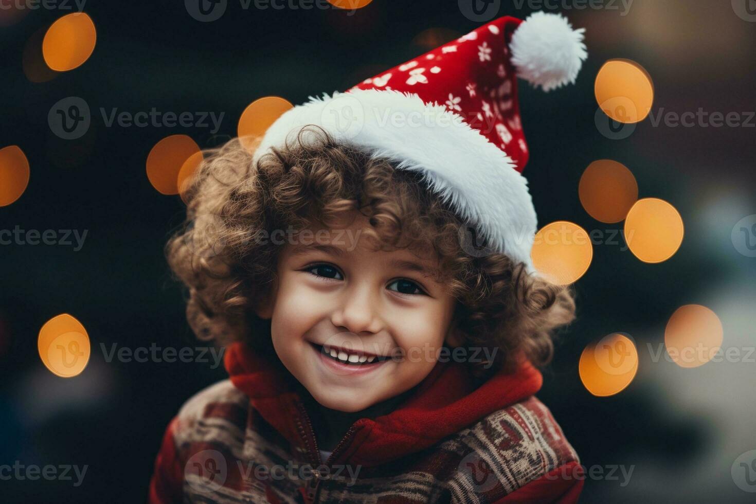 glücklich wenig lockig Junge im Santa claus Hut auf festlich Hintergrund. Weihnachten und Neu Jahr Feier Konzept. ai generiert. foto