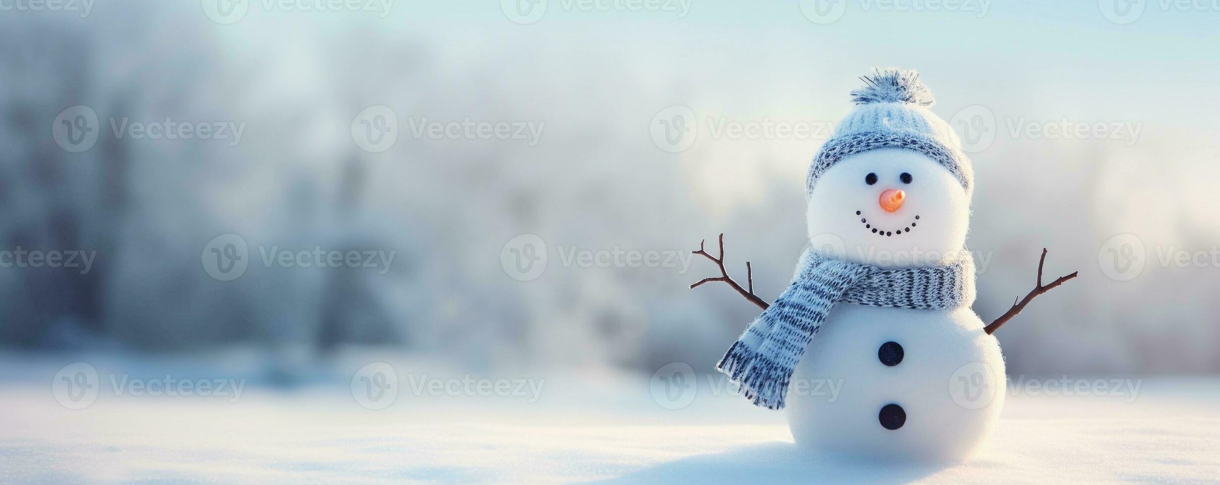 süß Schneemann im ein gestrickt Bommel Hut und Schal. Winter Hintergrund Banner mit Kopieren Raum. ai generiert. foto