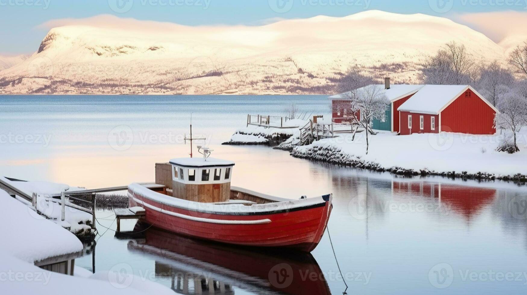 rot hölzern Boot bedeckt mit Schichten von Schnee, schön Winter Landschaft mit Schnee bedeckt rot Haus, generativ ai foto