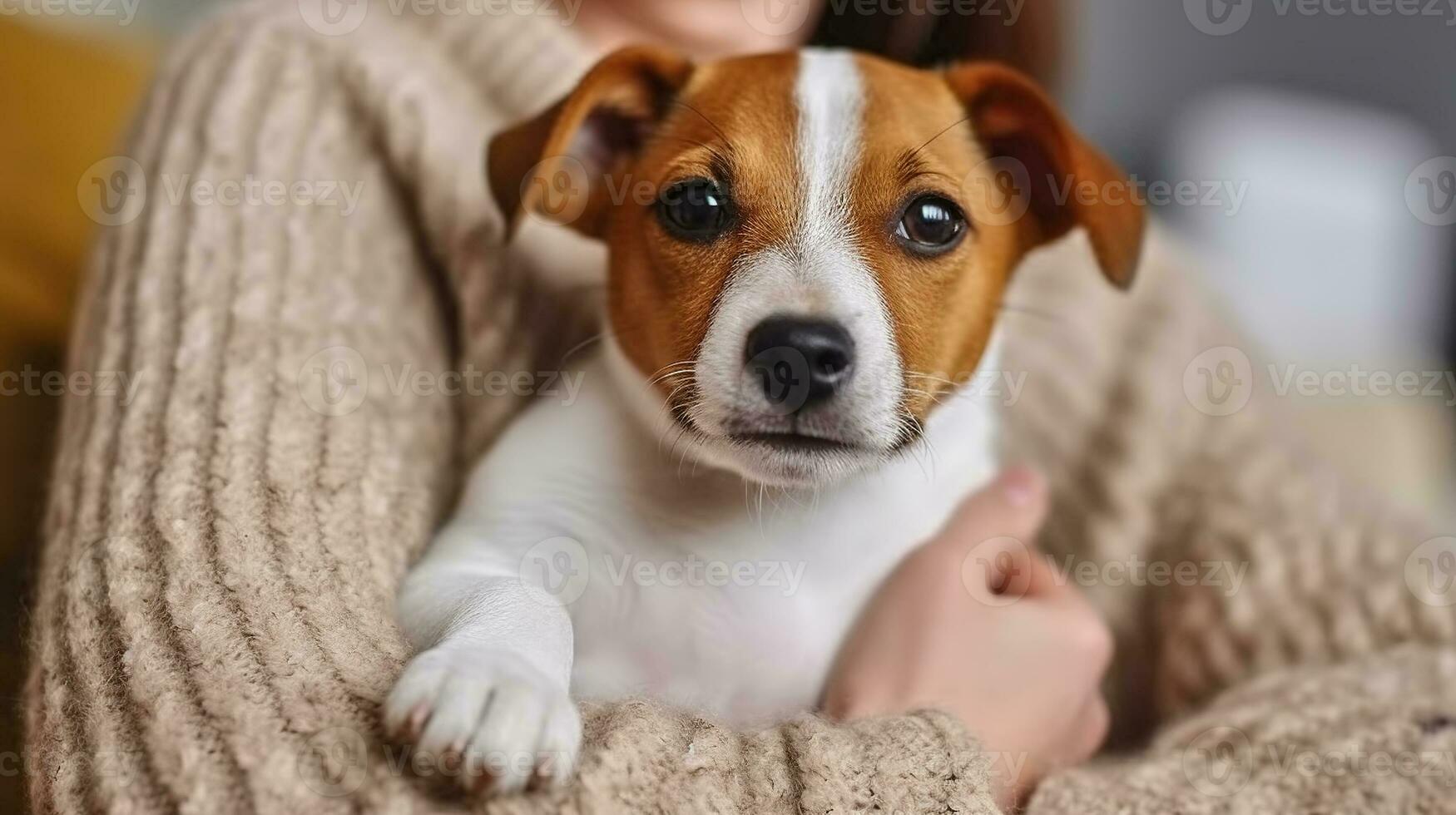 bezaubernd Jack Russell Terrier Welpe Sitzung mit es ist weiblich Eigentümer. generativ ai foto