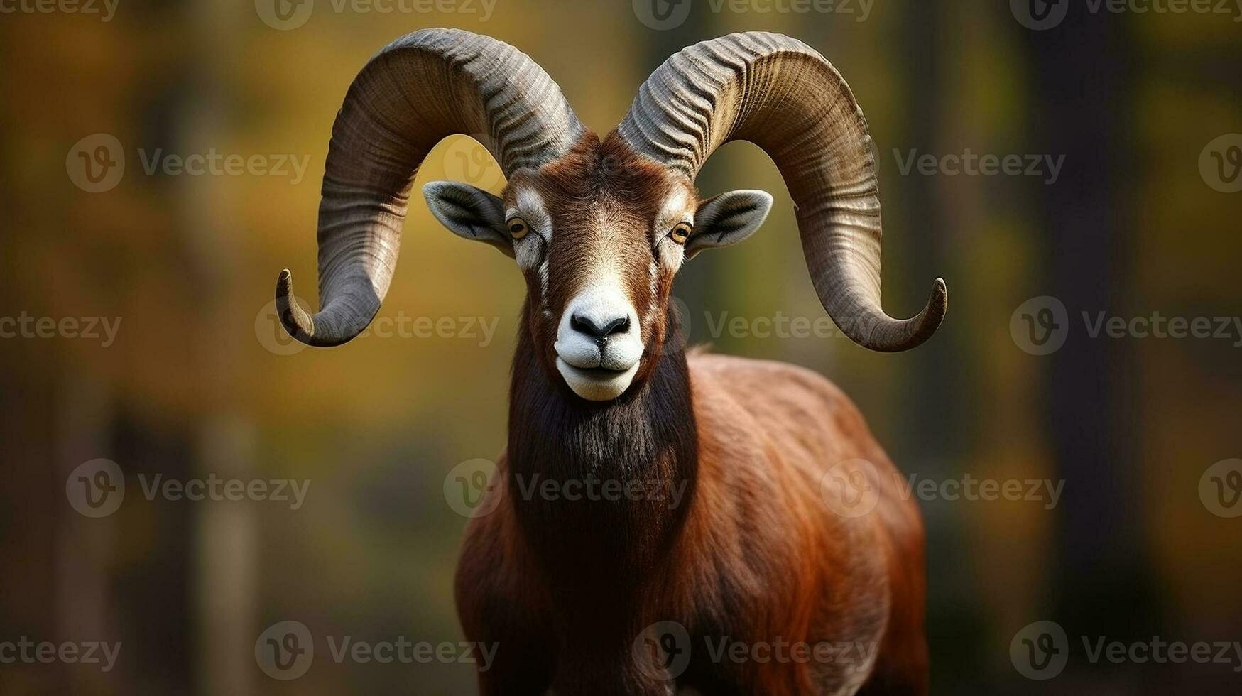 Mufflon, ovis orientalisch, Wald gehörnt Tier im das Natur Lebensraum, Porträt von Säugetier mit groß Hörner, generativ ai foto