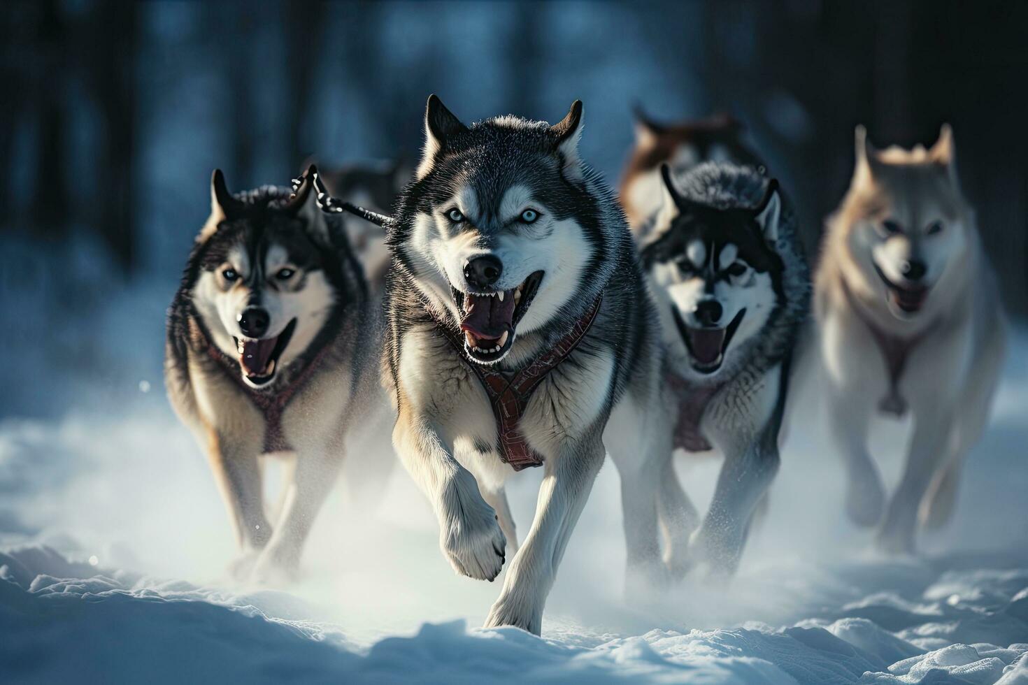 sibirisch heiser Hunde Laufen im das Winter Wald. schön sibirisch heiser Hunde, heiser Schlitten Hund Rennen. Winter Wettbewerb. sibirisch heiser Hunde ziehen Schlitten mit Musher, ai generiert foto