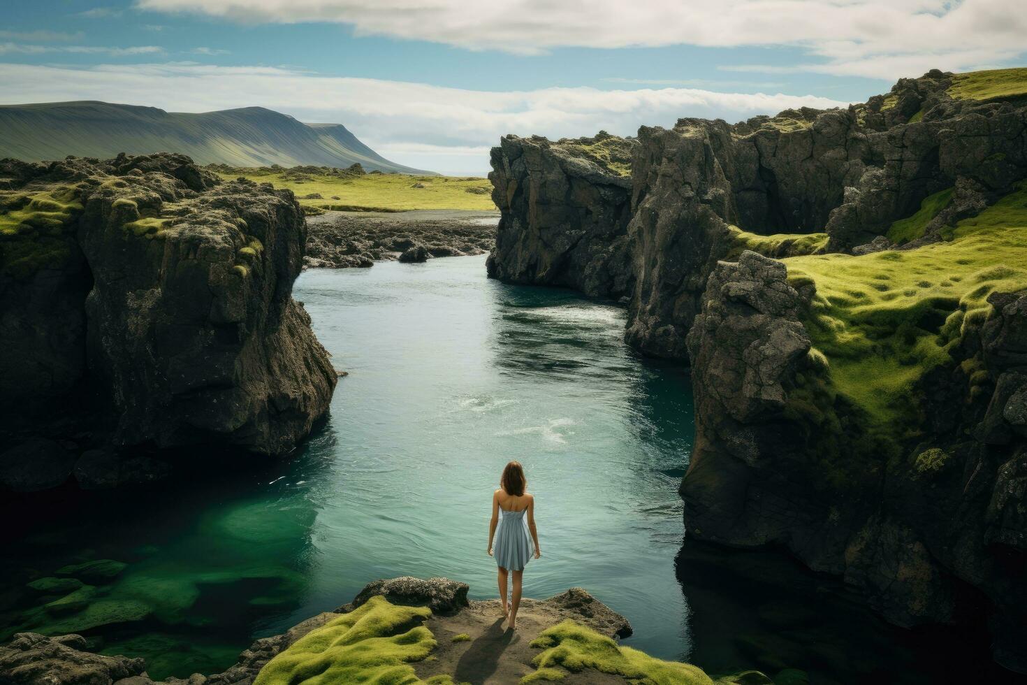 jung Frau Stehen auf das Kante von ein Cliff mit ein Aussicht von das Fluss. Island, Island schön Landschaft Fotografie, schön Mädchen im Badeanzug im das Klumpen, ai generiert foto