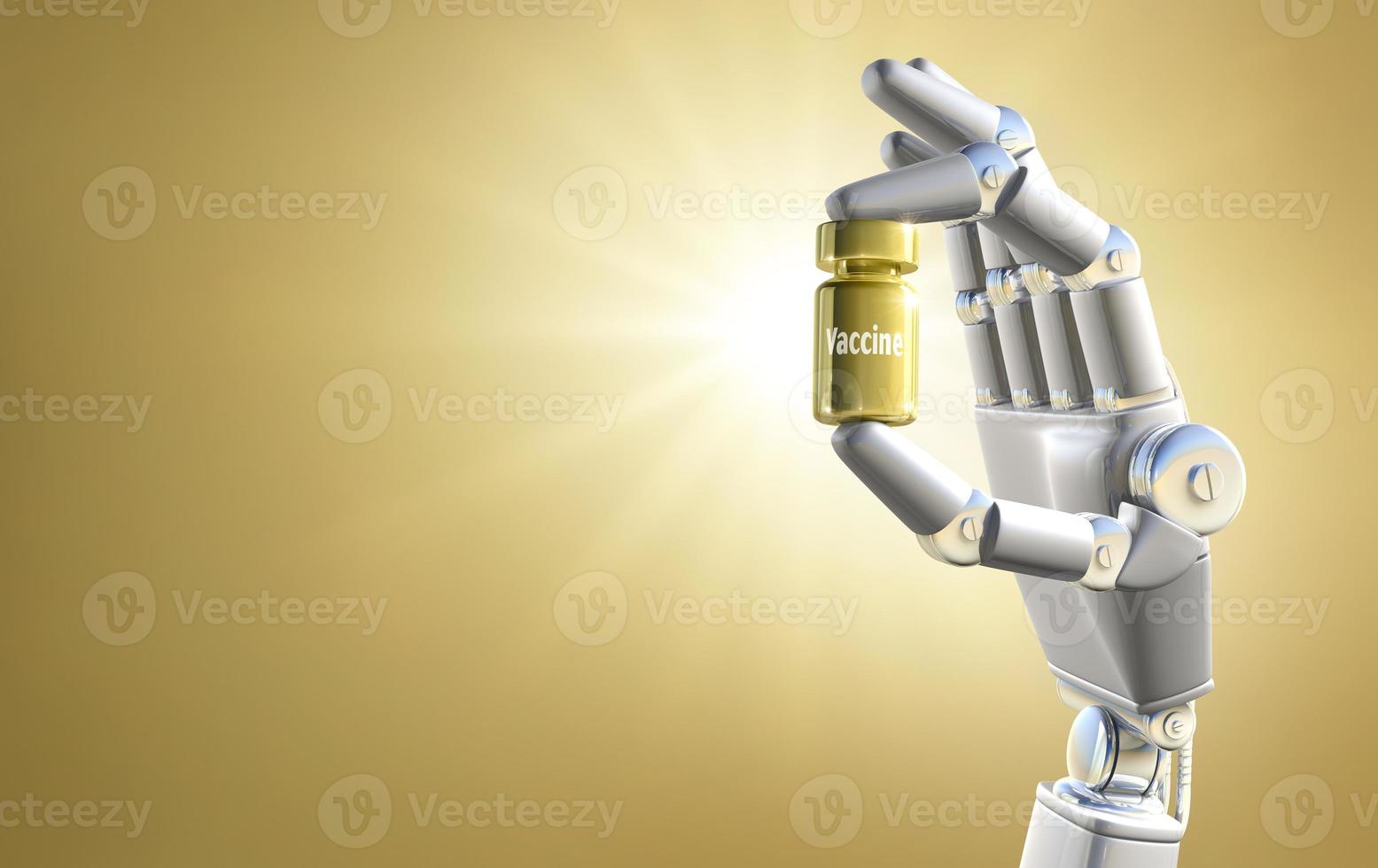 Roboterhand, die den goldenen Impfstoff hält foto