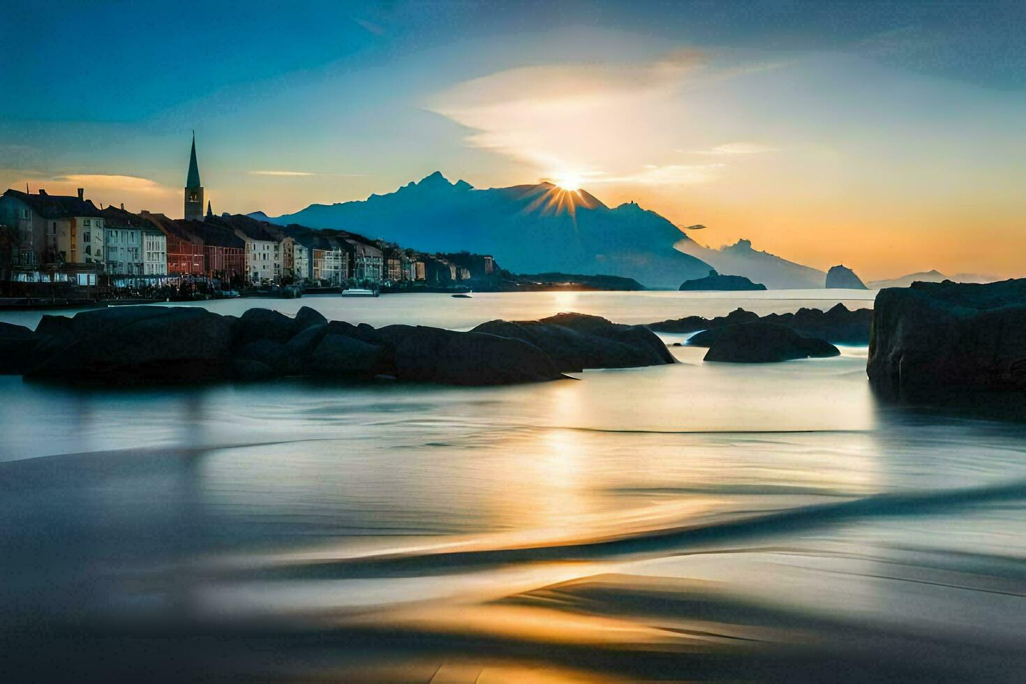 das Sonne setzt Über das Berge und das Ozean. KI-generiert foto