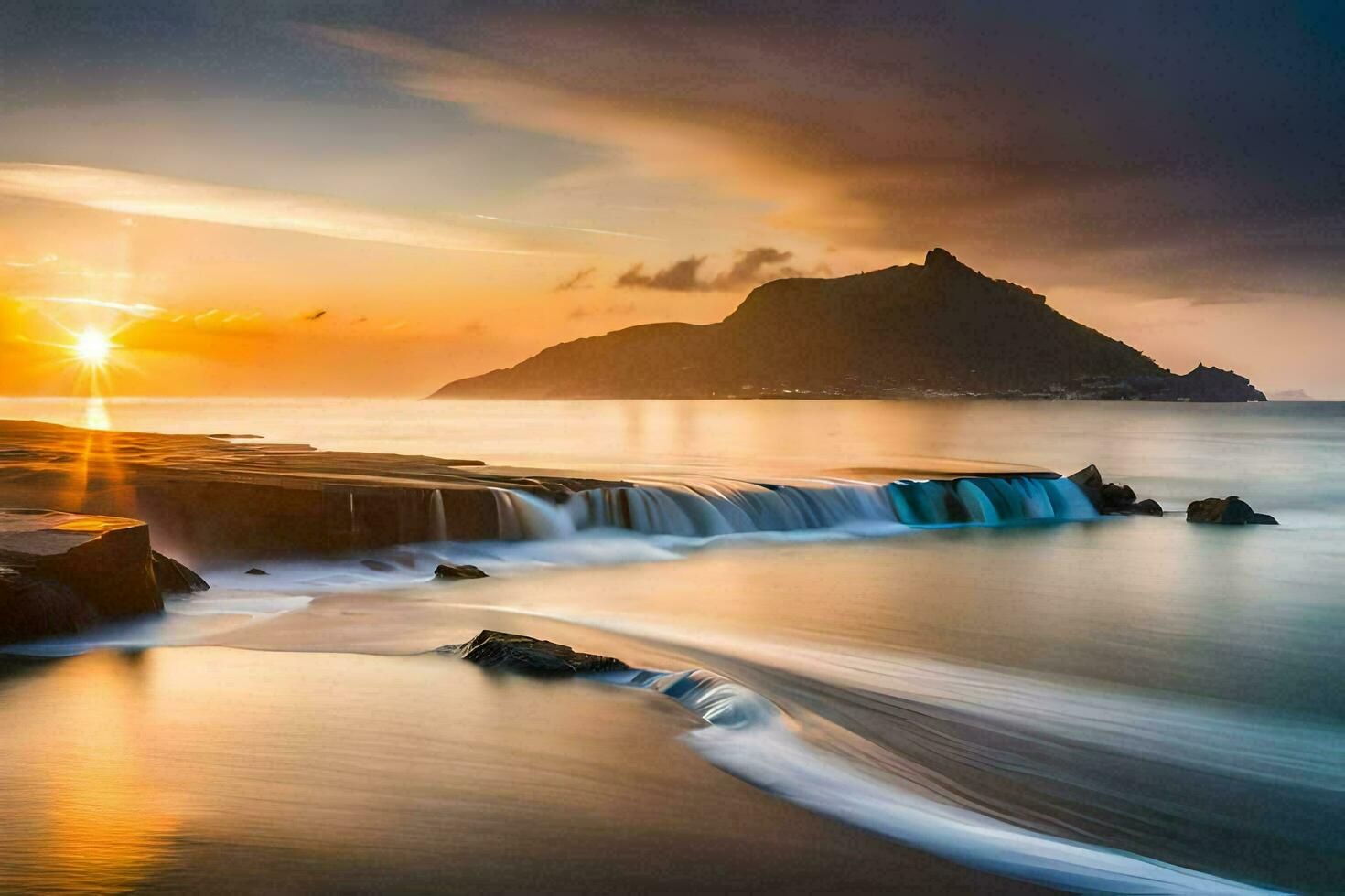 das Sonne setzt Über ein felsig Strand und Wasser. KI-generiert foto