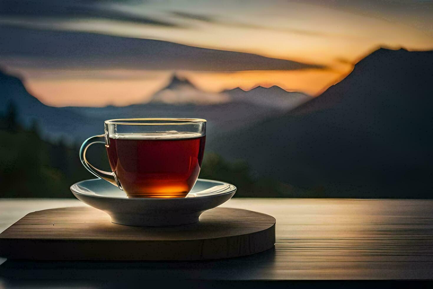 ein Tasse von Tee auf ein Tabelle im Vorderseite von Berge. KI-generiert foto