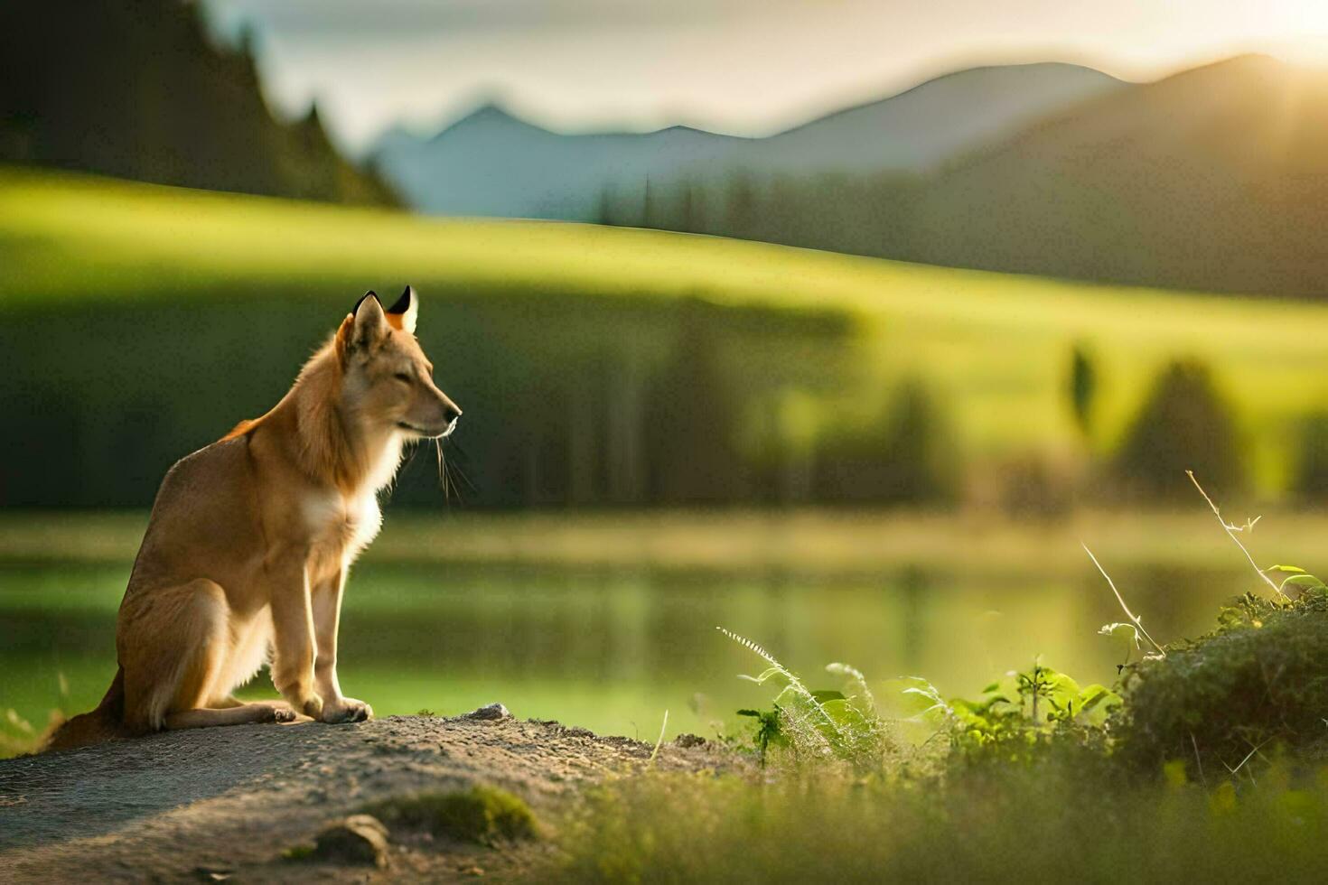 ein Hund Sitzung auf das Kante von ein See beim Sonnenuntergang. KI-generiert foto