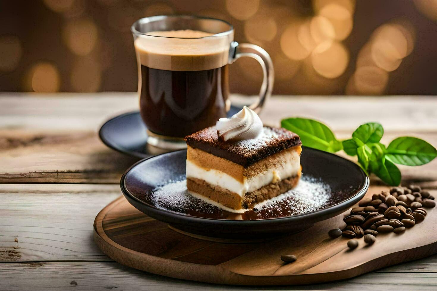 Kaffee und Dessert auf ein hölzern Tisch. KI-generiert foto