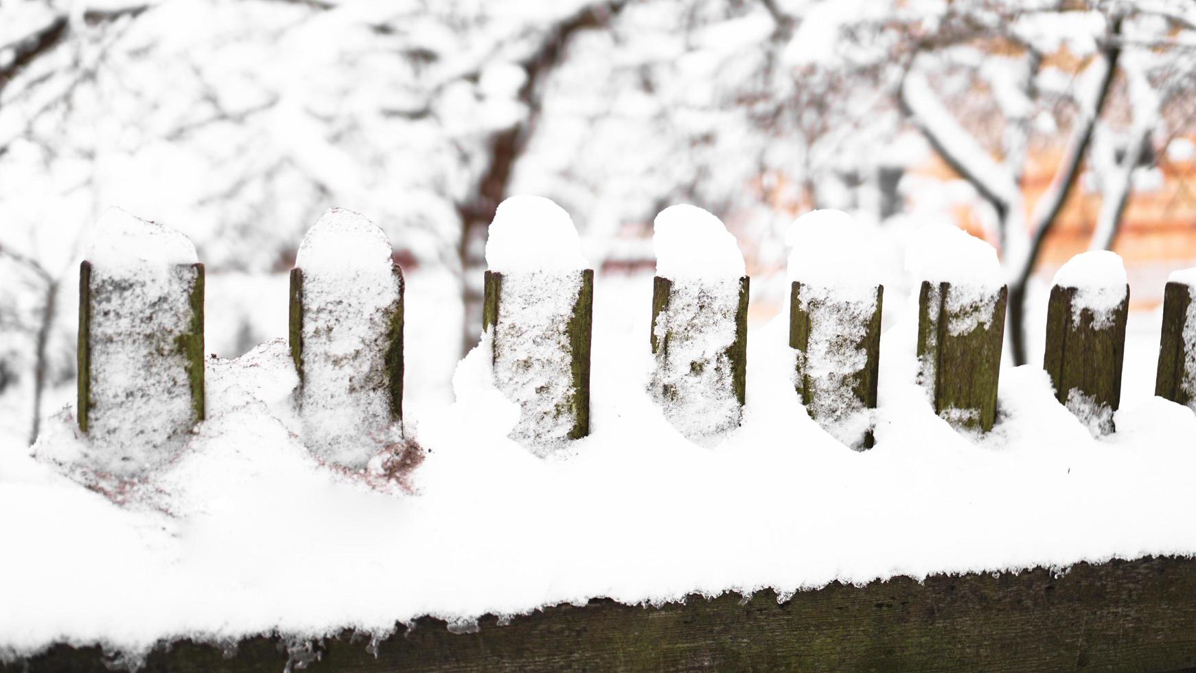 Holzzauntor mit weißem Schnee bedeckt bei starkem Schneesturm foto