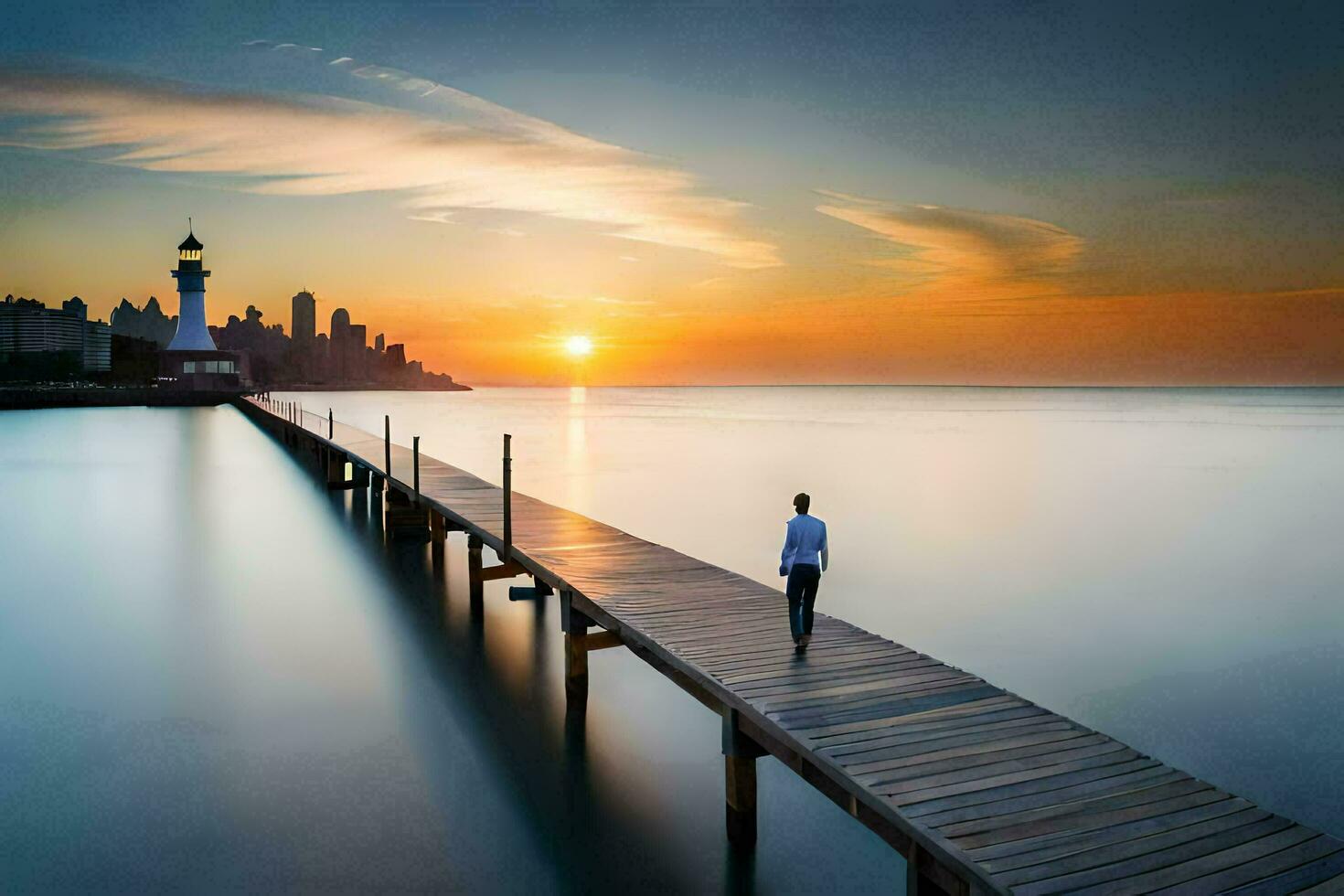 ein Mann Spaziergänge entlang ein Seebrücke beim Sonnenuntergang. KI-generiert foto